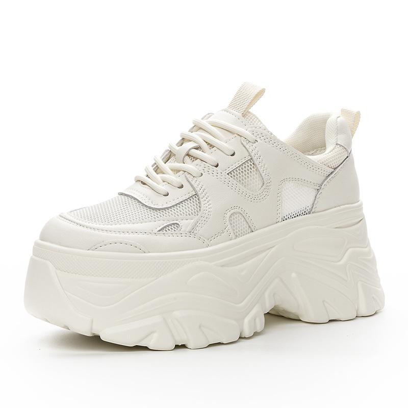 White Chunky Platform Sneakers Ultra Thick Sole Height Increasing Casual Shoes Lace Up Lightweight Non Slip For Daily School