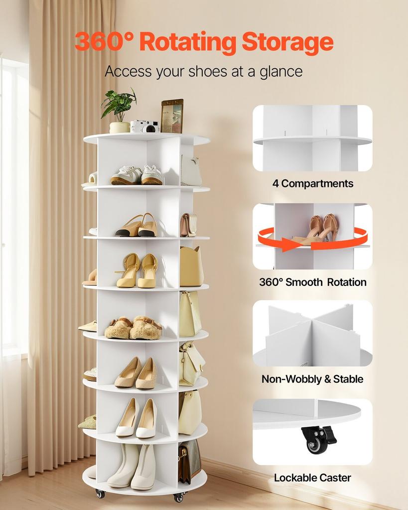 7 Tiers Rotating Shoe Rack Tower with Wheels, Movable 360° Spinning Carousel Display, Lazy Susan Organizer Closet Shelf for Living Room, Entryway,