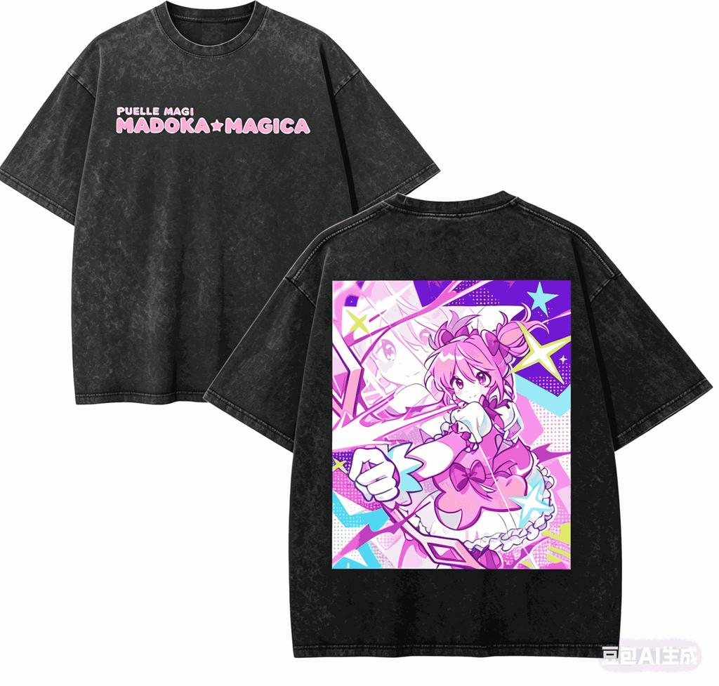 Puella Magi Madoka Magica Washed T-shirt Year round clothing high quality personality Clothes Plus Size Unisex New Model Washed Vintage Loose