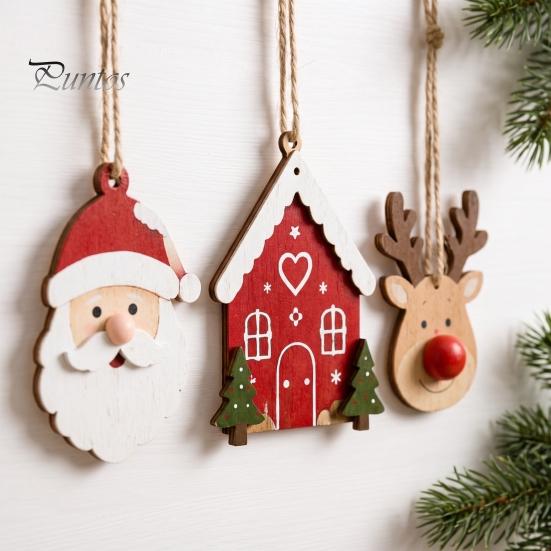 Holiday Party Wall Decor Vintage Christmas Hanging Bunting Garland, 2D Flat Wooden Snowman Elk Stocking Festive Window Showcase Ornaments Tree