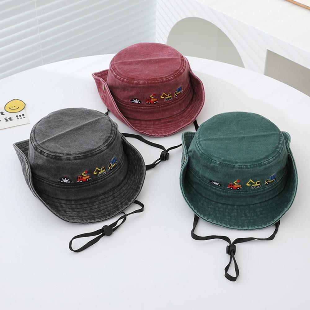 

Embroidered Vehicles Fisherman s Hat Adjustable Kids Bucket Hat Cute Boys Sun Hat for 2-6Years сірий