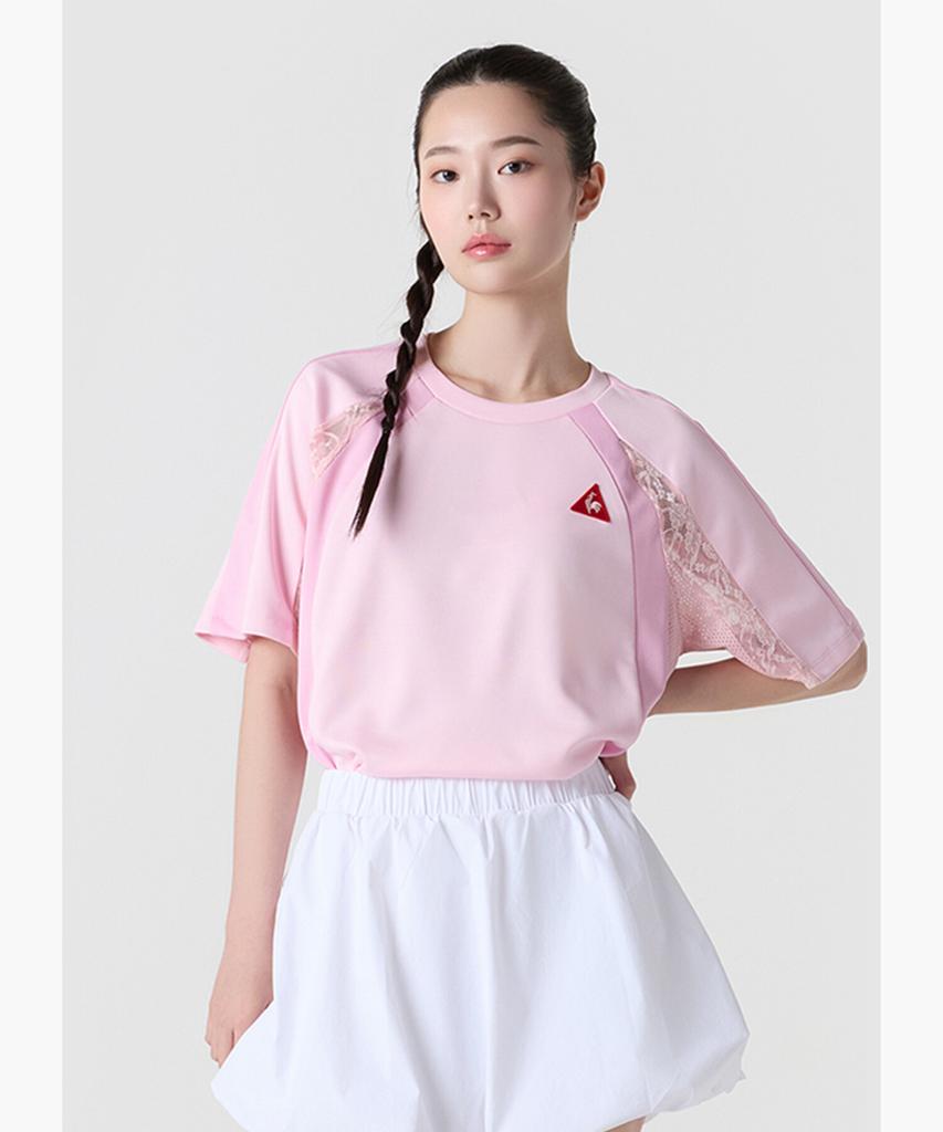 LECOQ Women'S Lace Jersey Loose Fit Short Sleeve T-Shirt - Pink (Qq122Lrs37)