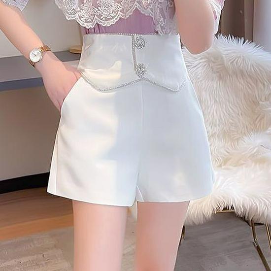 

White Rhinestone High-Waisted Slimming Wide-Leg Shorts - Versatile Summer Fashion for Women S (under 45 kg)