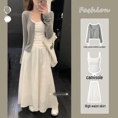 Women's Summer White Midi Skirt and Cardigan Three-Piece Set - Elegant and Mature Style, Goddess Vibe, Long Sleeve