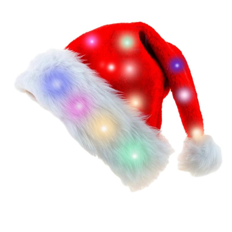 LED Christmas Hat, Light Up Christmas Hat Unisex Plush Beanie Holiday Hat with White Brim Christmas Party Props