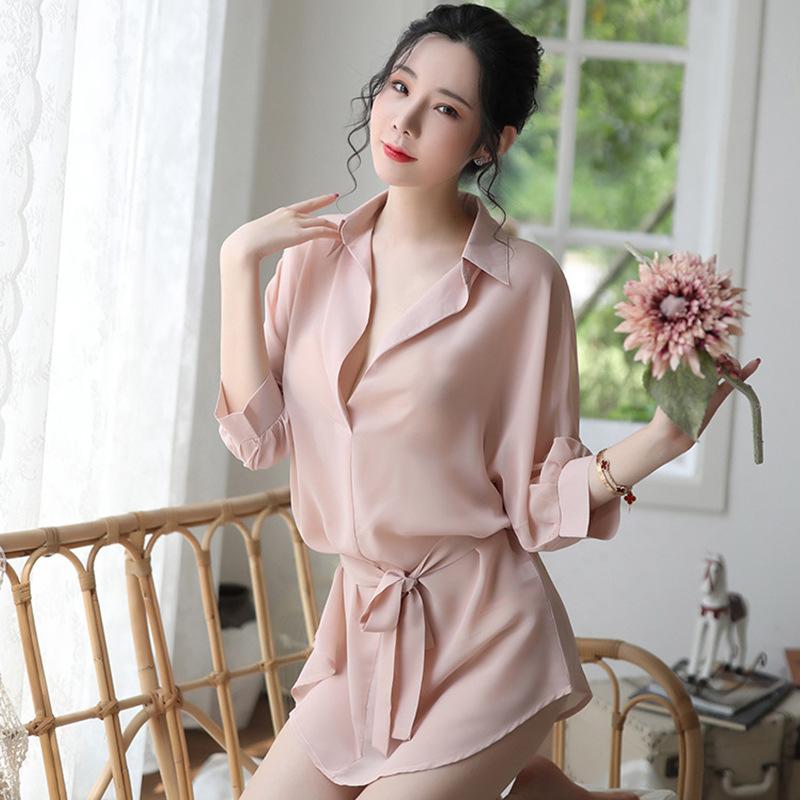 Sex underwear pajamas women's summer long chiffon shirt Korean version perspective shirt bathrobe home