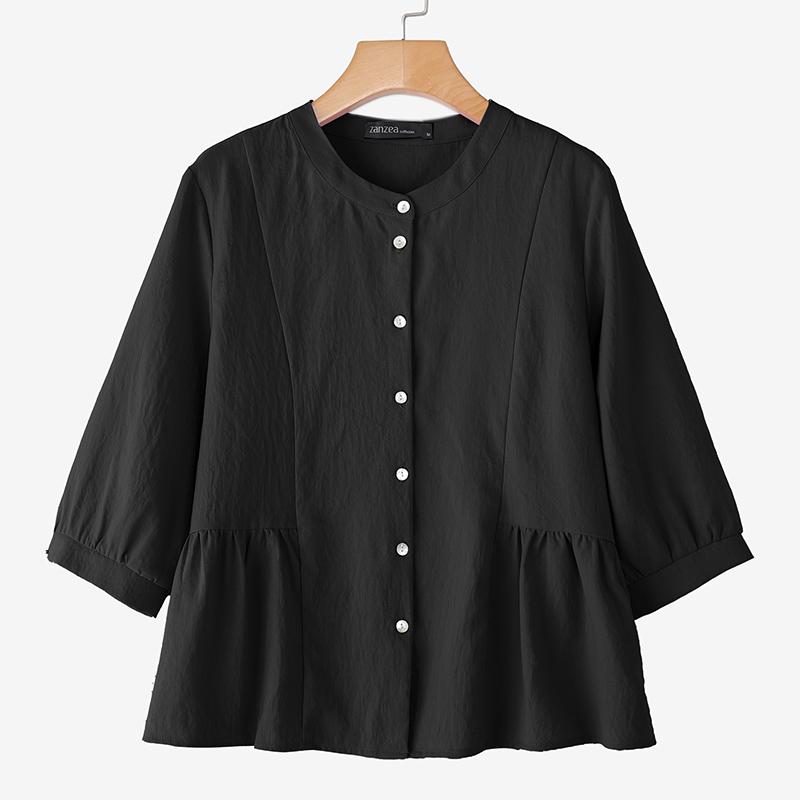 

ZANZEA Женская повседневная блузка из хлопка свободного кроя с круглым вырезом и рукавами 3/4 5XL чёрный