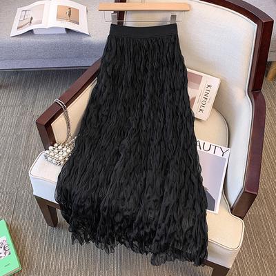 Elegant Wind Black Ruched Half-Length Skirt Women Summer New Style High Waist Slim Fit Midi A-Line Chiffon Dress