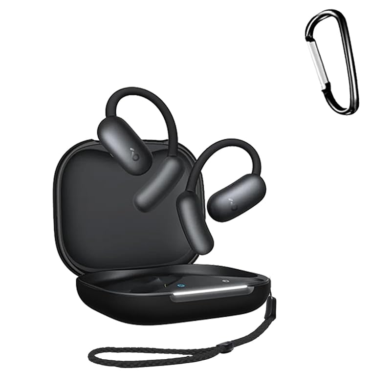 

For Anker Soundcore AeroFit 2 earphones for case Silicone protective case [HUKWIMO] with carabiner + strap visible led light Wireless charging