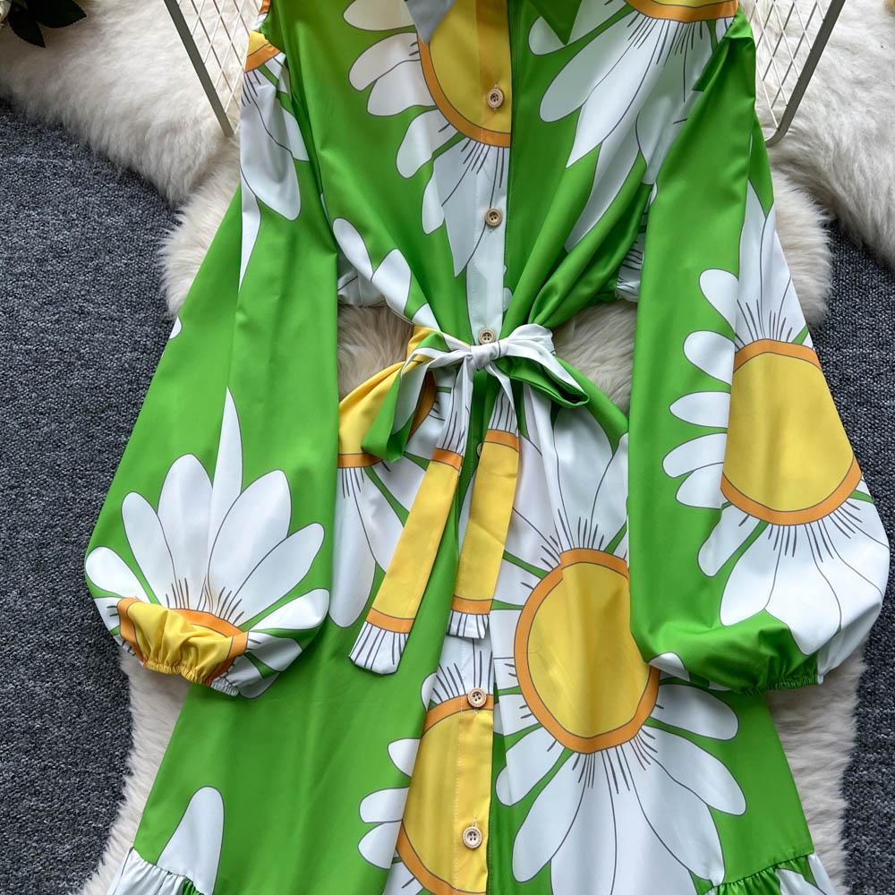 Chic Vintage Sexy Buttonn Ruched  Print Slim Elegant Fairy Summer  Korean Fashion Boho Sundress Women Clothing Long Dress