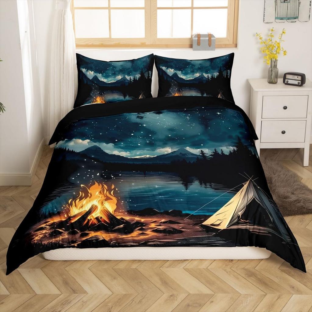 Camper Theme Duvet Cover Set for Teens Adults Kids Queen Size Quilt Cover with 2 Pillowcase Bonfire Evening Bedding Set 3 Pieces
