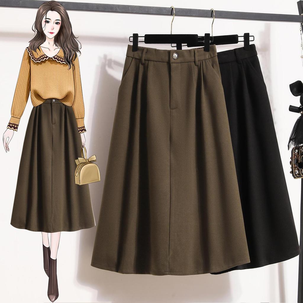 Übergrößen Retro High-Waist A-Linien Midi-Rock für Damen - Herbst/Winter 2023, Schlankmachend, Über dem Knie mit großem Saum