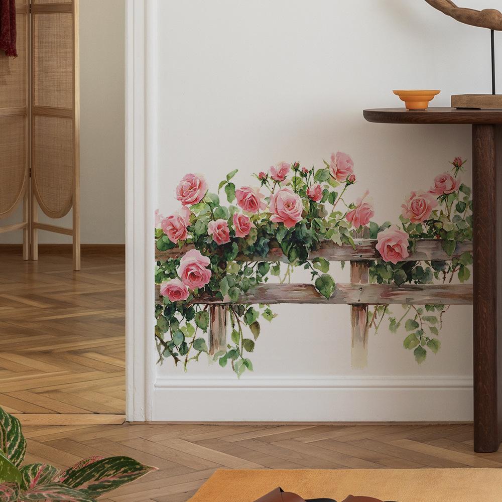 Kreative Rosenknospen Grüne Blätter Zaun Schlafzimmer Wohnzimmer Zuhause Wandhintergrund Verschönerung Dekoration Wandaufkleber