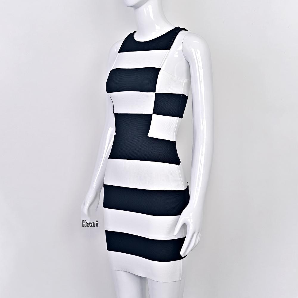 Chic Black and White Geometric Striped Mini Bandage Dress - Waist-Cinching, Hip-Hugging for Dates, Parties, and Fashion Shows.