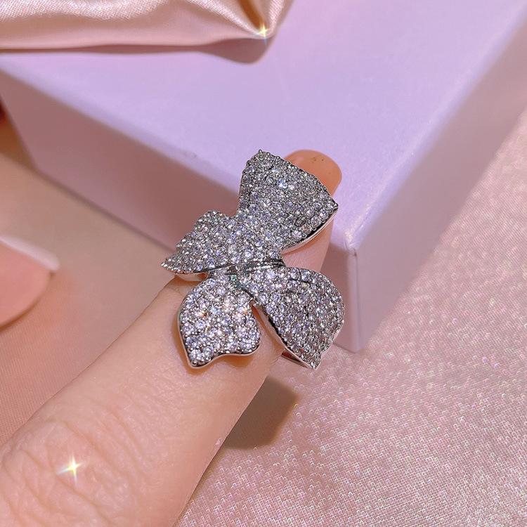 Temperament Bow Cold Wind Zircon Ring Women'S Index Finger Ring Jewelry