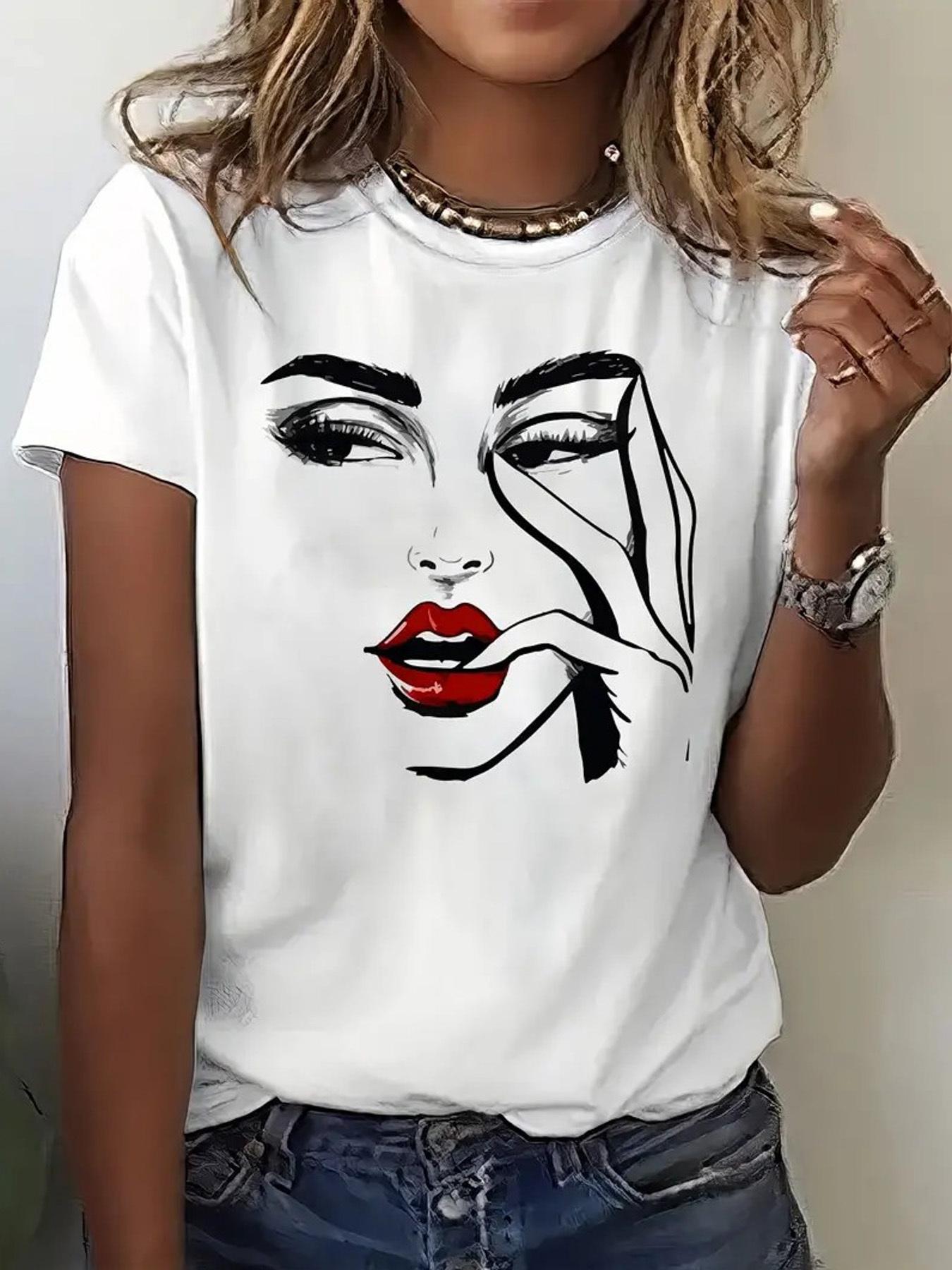

women s facial printed T-shirt short sleeved round neck casual top for short sleeved comfortable breathable T-shirt fashion top 4XL