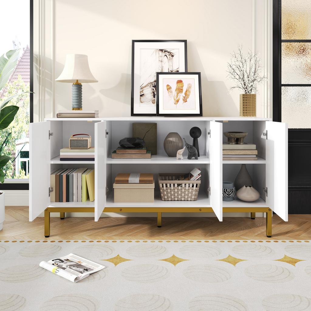 Sideboard, High-Gloss Storage Unit, Gold Handles and Legs, with Shelves. 140×80×40cm