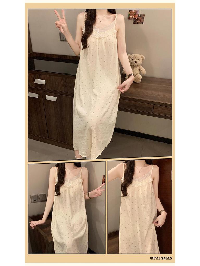 2026 Women's Cloud Cotton Spaghetti Strap Nightgown with Chest Pads, Sweet Long Dress for Home or Outdoors