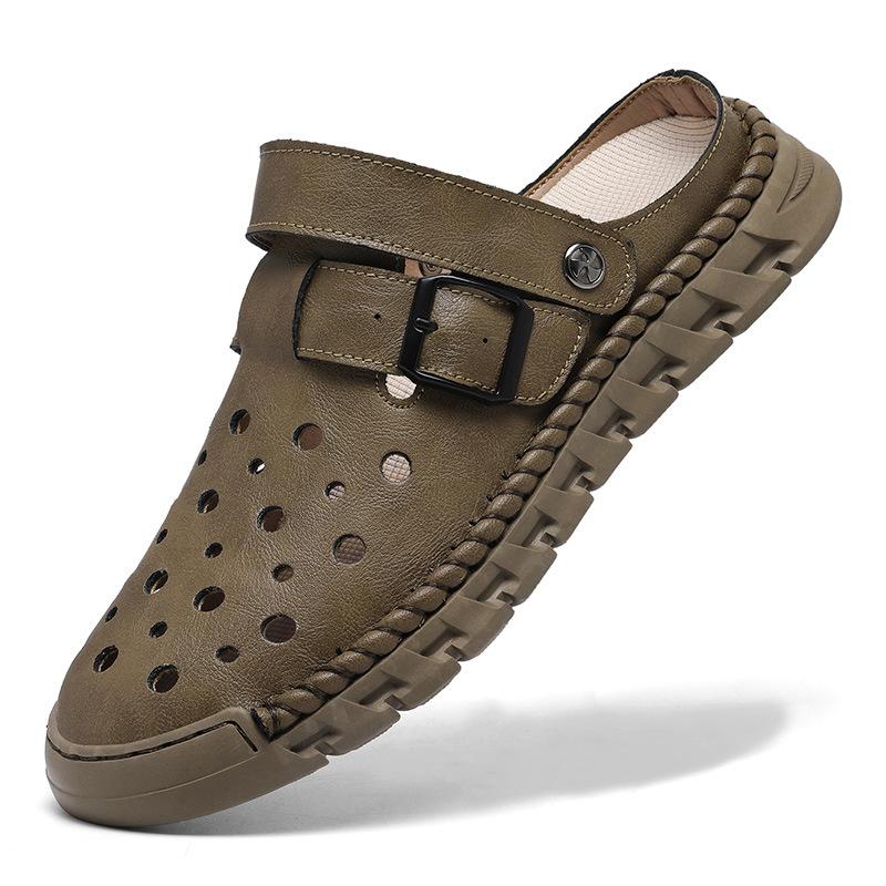 

Мужские сандалии для отдыха на природе, кожаные сандалии с закрытым носком, спортивные регулируемые мокасины с ремешком, пляжная обувь для отдыха на природе, дышащая, нескользящая 43 хаки
