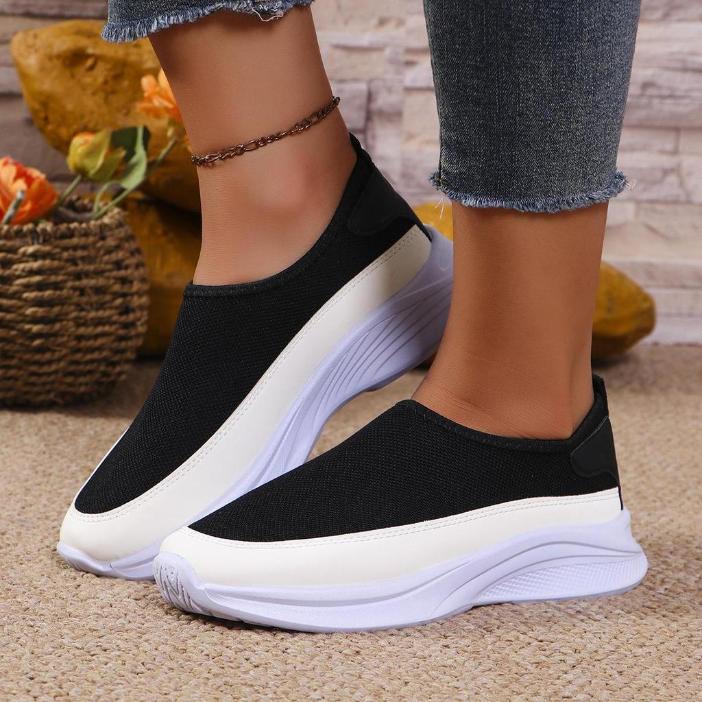 Chaussures de Sport Grande Taille pour Femmes Semelle Épaisse Couleur Unie Décontractées Flyknit Maille Respirante Chaussures Simples Légères Tricotées Baskets 36-43