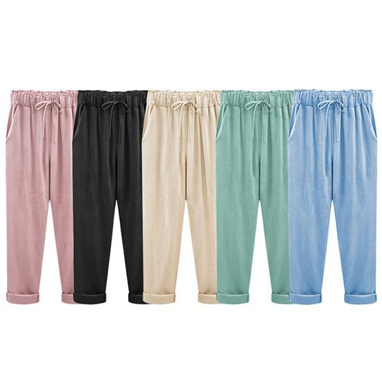 Thin Elastic Waist Women Trousers Side Pockets Drawstring Wide Leg Casual Trousers Ladies Clothing