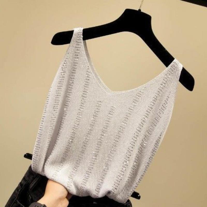 Women's Ice Silk Diamond Camisole Tank Tops Women's Vest Loose Short Sleeveless V-neck Bottoming Shirt