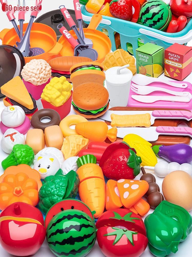 Kids' Pretend Play Kitchen & Shopping Cart Set with Cuttable Fruit and Veggies