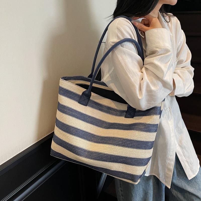 Striped Tote Bag Woven Large Capacity Shoulder Women's Bag Lazy Wind Light Vacation Bag Shopping Bag Women