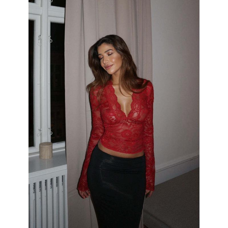 Women's Solid Colour Slim V-Neck Long Sleeve Lace Bottom Shirt Top