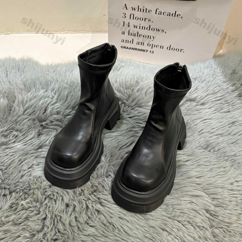 Fashion Women's Fashion Platform Ankle Boots Pu Leather Thick Bottom Combat Boots Woman Square Toe Slip On Chunky Short Booties Mujer