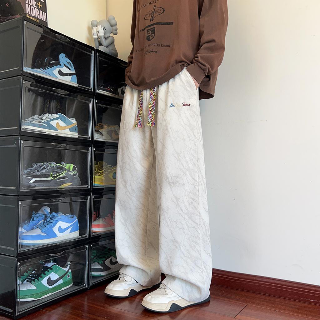 Corduroy Tie-Dye Embroidered Black Casual Pants Men's Trend Teen Loose Straight Pants