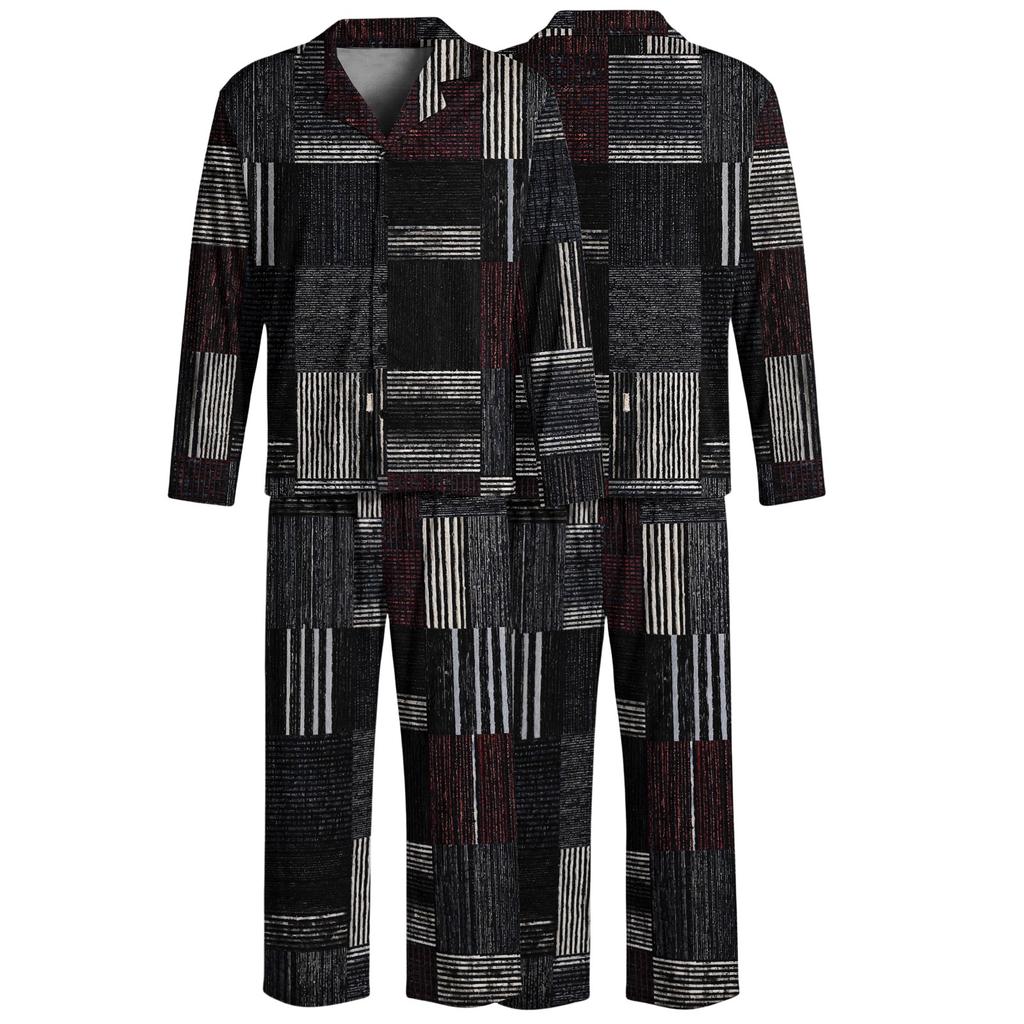 Men's Loose Fit Casual Pajama Set, Button Down Plaid Print Top and Straight Leg Pants, Two Piece Sleepwear