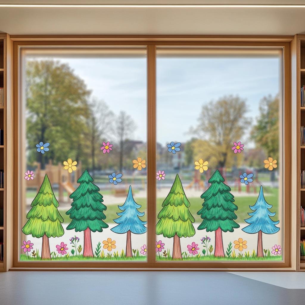 Cartoon Tree and Flower Window Stickers, Kindergarten Door and Window Decoration Stickers, Translucent Children's Room Glass Stickers