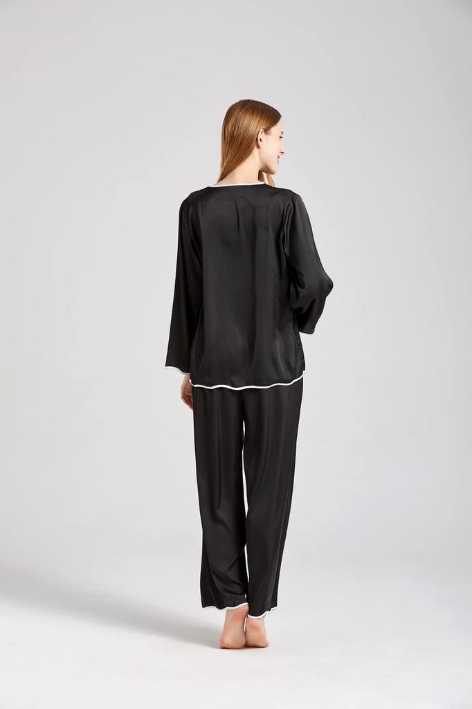 KUMASEN Silk Satin Pajama Long Open Size L Women's 100% Set, Loungewear, Sleeves, Skin-Friendly, Front, Black,