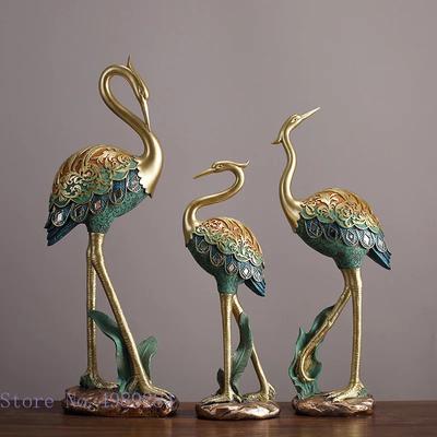 Tierfigur aus Kunstharz, bemalter Kranich, realistische Tierstatue, Kunsthandwerk, Ornamente, Goldrelief, handgefertigte Heimdekoration