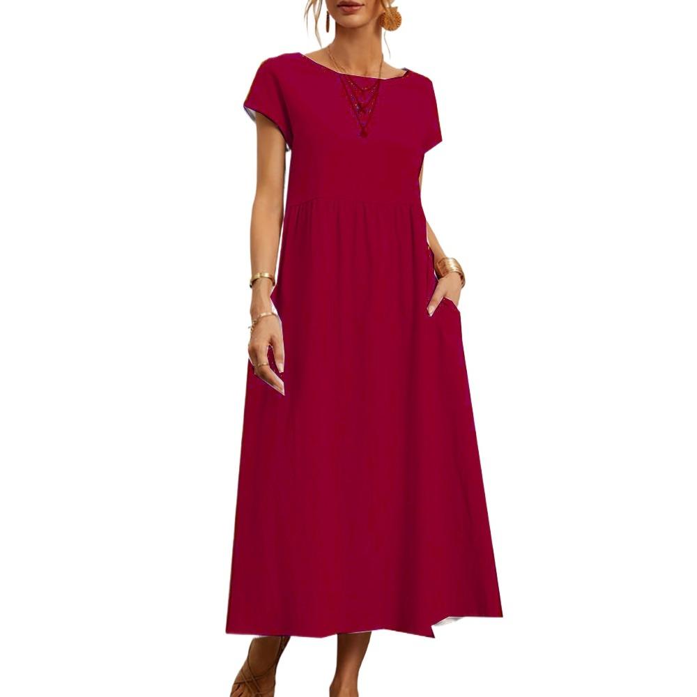 

GMXIA Женская мода лето весна однотонный принт с коротким рукавом и круглым вырезом повседневные платья XXXL красный