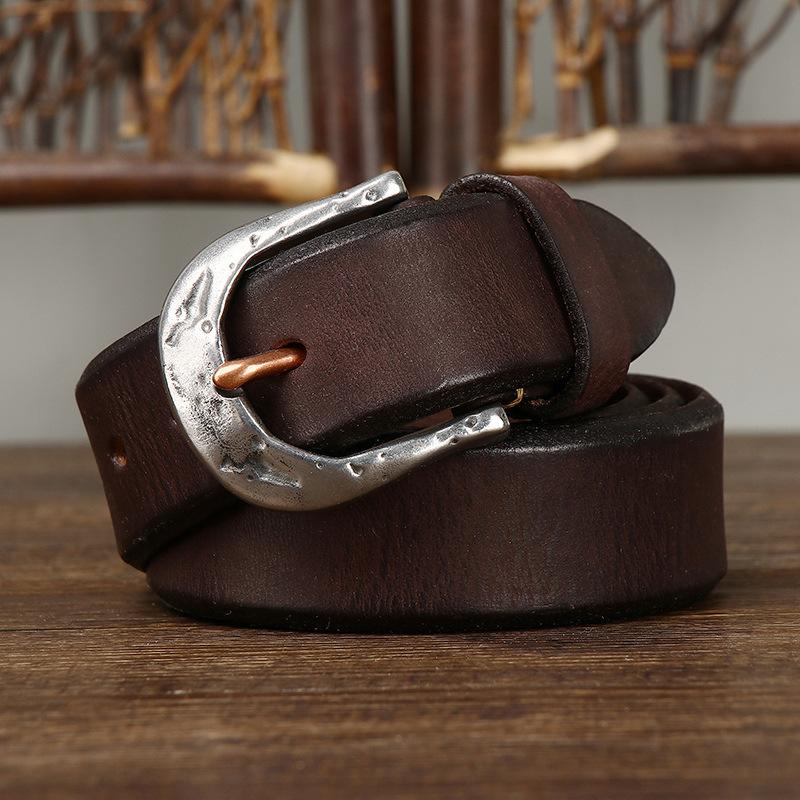 Men's Leather Belt Amekaji American Retro Manual Thickened First Layer Cowhide Stainless Steel Buckle Genuine Leather Belt Men's
