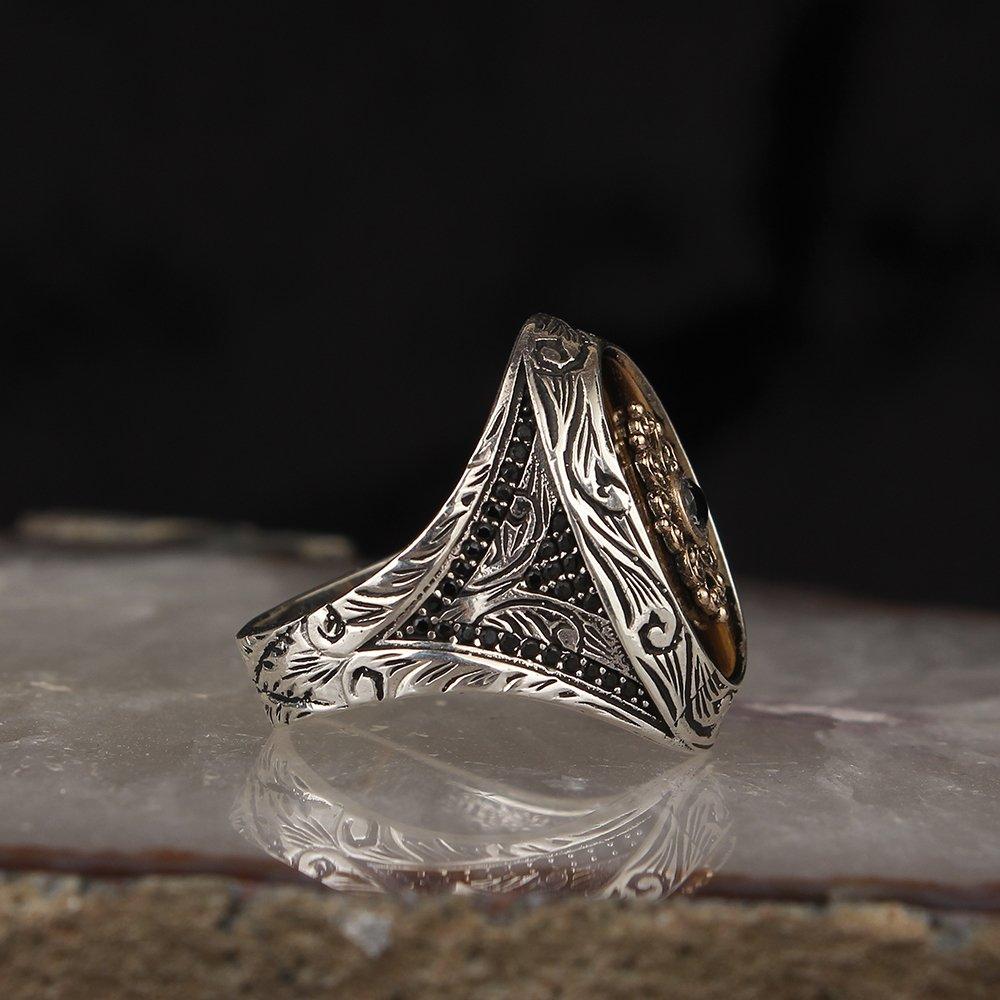 Kalem İşçilikli Kaplangözü Taşlı 925 Ayar Gümüş Erkek Yüzük