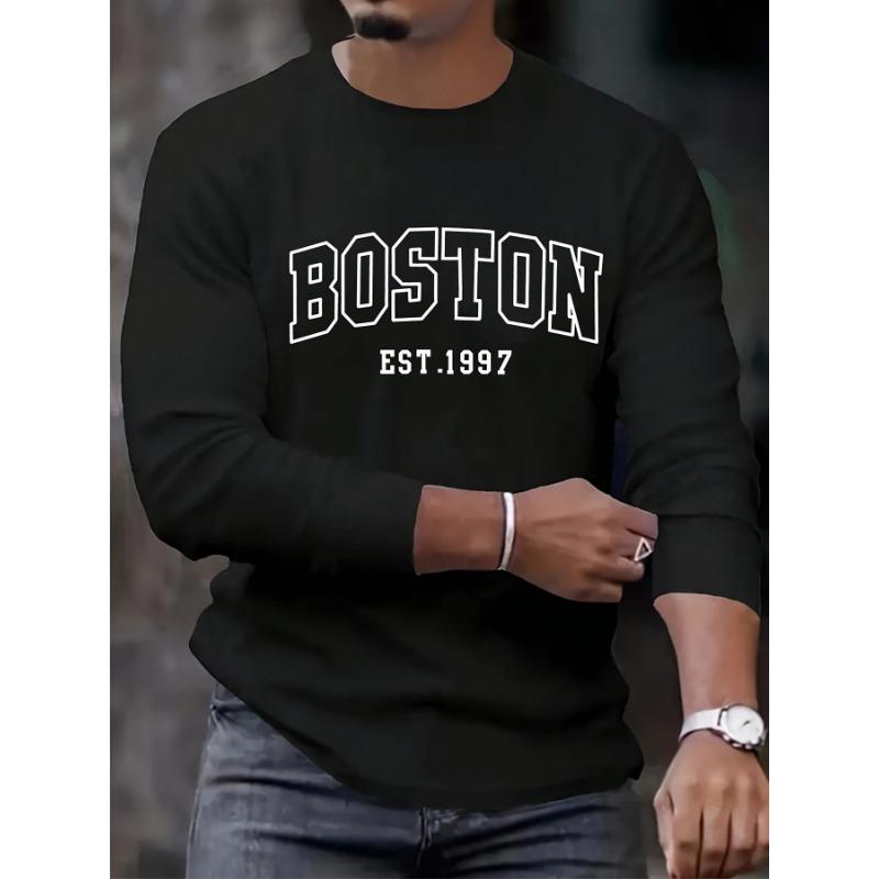 Men's Loose Fit Plus Size Comfortable Casual Sports Boston Letter Printed Round Neck Long Sleeved T-Shirt Top