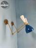 Mid Century Italian Brass Wall Sconce Pair: Blue & White Diablo Light