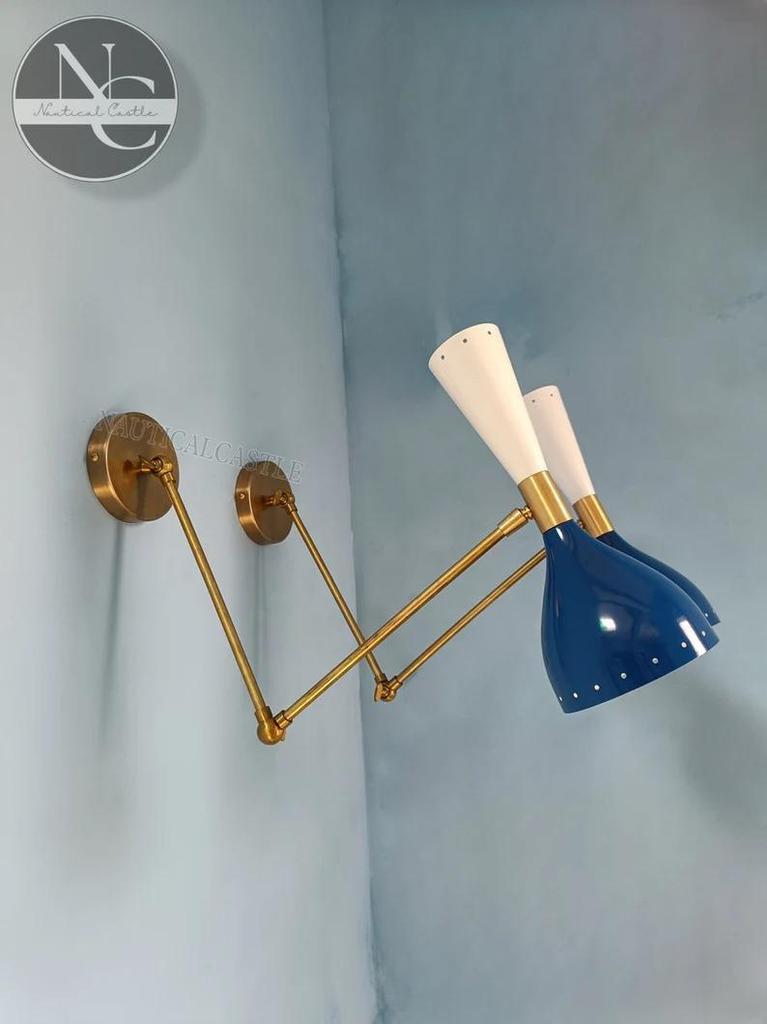 Mid Century Italian Brass Wall Sconce Pair: Blue & White Diablo Light