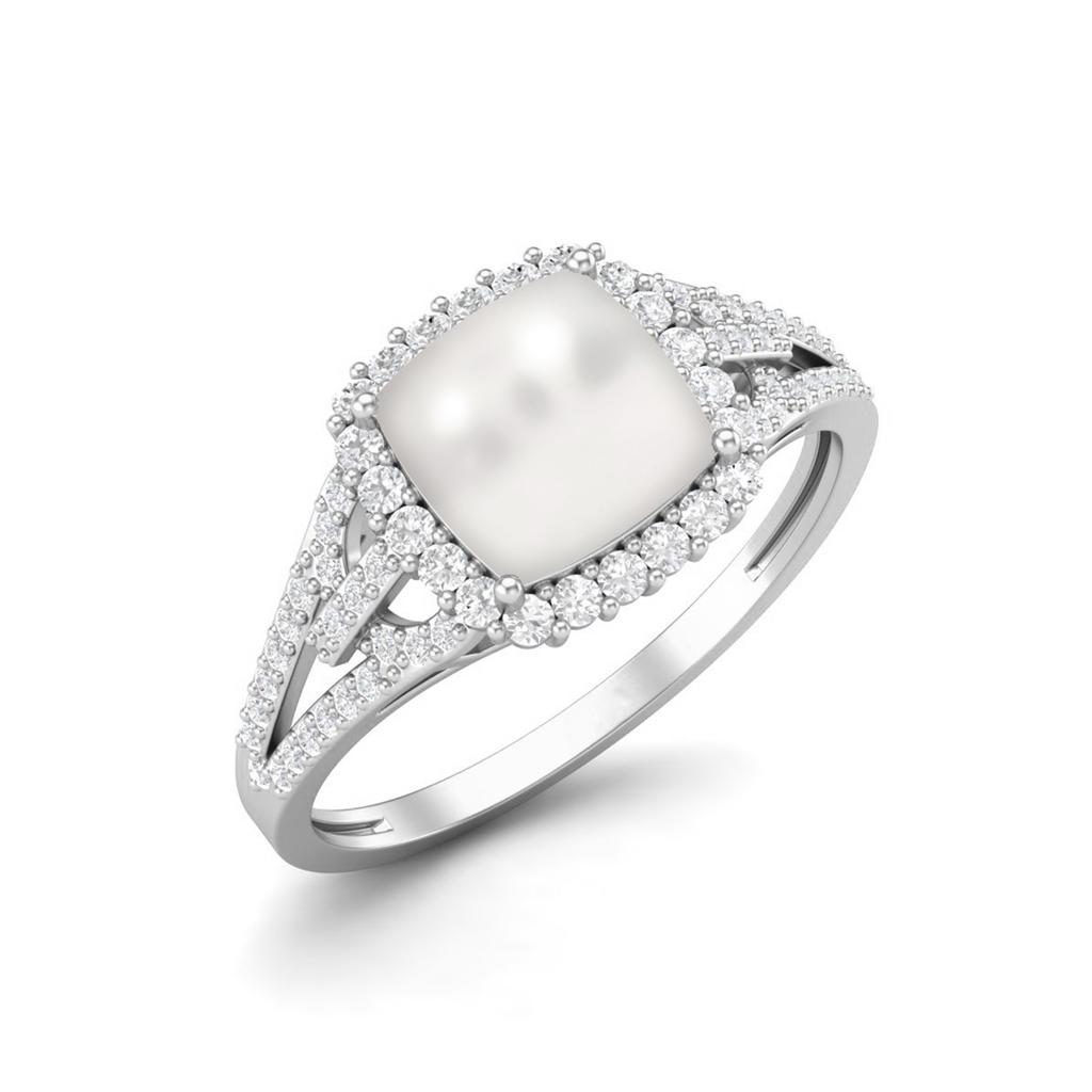 925 Sterling Silver 3.82  Cts Cushion Shape Pearl  Solitaire with Accent Wedding Women Ring