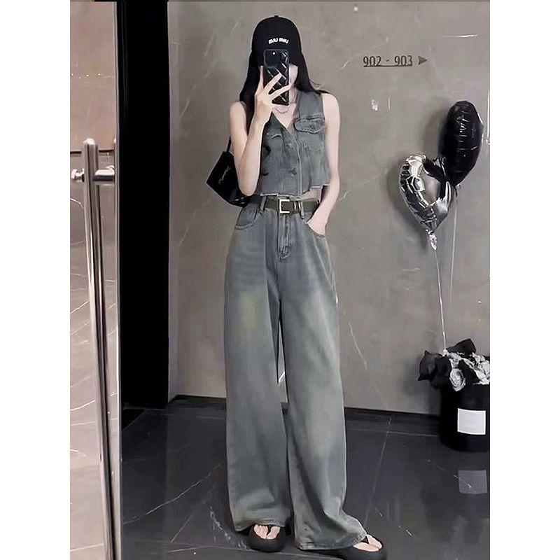 

Модный короткий жилет без рукавов, свободные брюки, джинсовый жилет Retro blue pants L