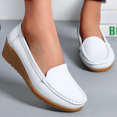 Sapatos de couro para mulheres, sapatos baixos, brancos, pretos, mocassins com salto, sapatos casuais, mocassins femininos, calçados baixos, calçados de verão