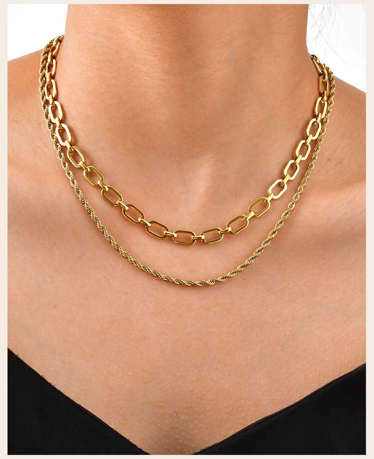 Chunky Chain Rope Link Stackable Necklace for Women, Stainless Steel Minimalist Jewelry, Gold Plated Oval Collar Chain Jewelry