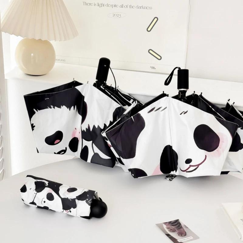Cute Panda Travel Umbrella Windproof Compact Folding Automatic Open/Close Sun Rain Collapsible Auto Portable Umbrella for Kids