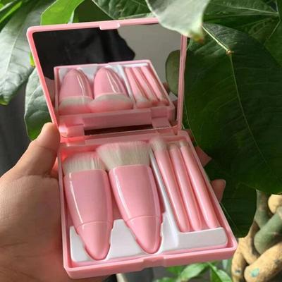 Fizz Foundation Brush with Mirror Case Loose Powder Foundation Blush Brush Soft Bristle Full Set Shadow Lip Makeup Light Pink, 1pc