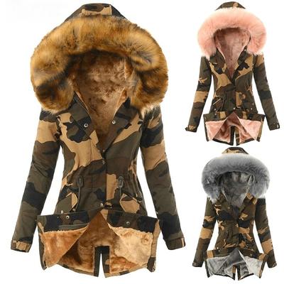 Winter Warm Fashion Womens Camouflage Print Hooded Parka Coat Casual Outwear Military Hooded Fur Coats