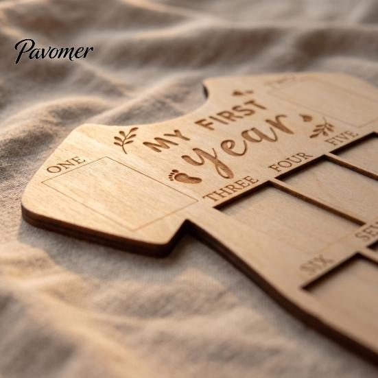 Natural Log Photo Holder Wooden Baby Milestone Frame, My First Year Growth Picture Infant Onesie Shaped Newborn Monthly Memory Keepsake for