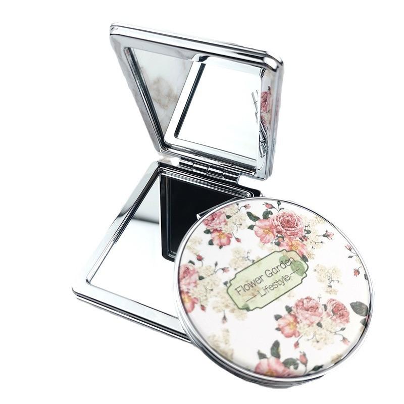 Floral Folding Double-Sided Makeup Mirror - Round PU Leather Cute Cartoon Design